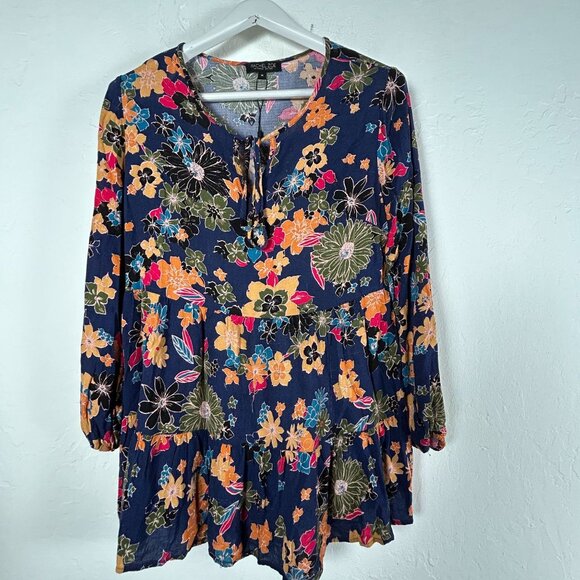 Rachel Zoe Womens Floral Navy Long Sleeve Tiered Tunic Top Medium Boho NWOT - Picture 1 of 9